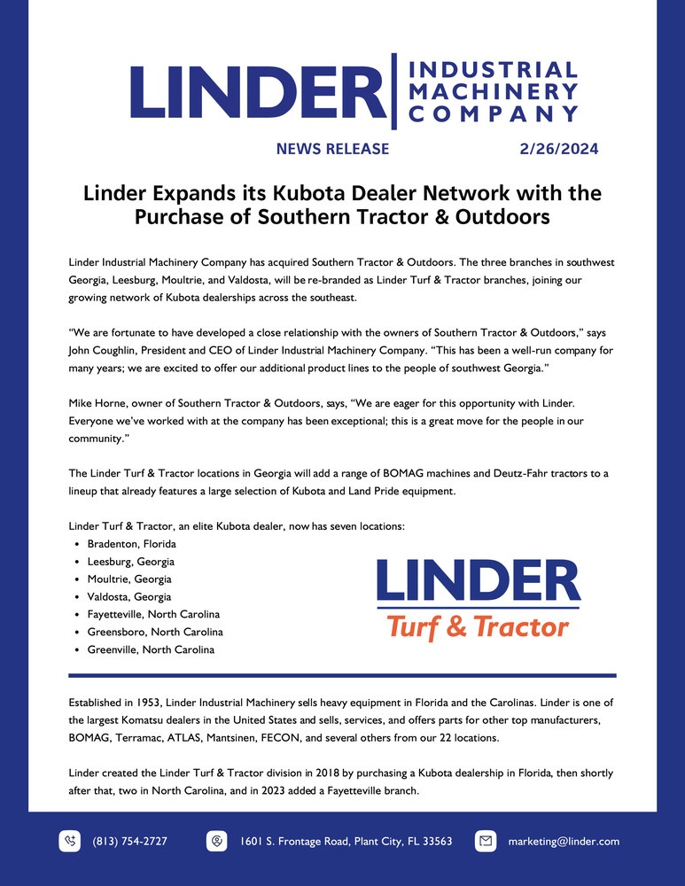 Linder Expands its Kubota Dealer Network with the Purchase of Southern Tractor & Outdoors